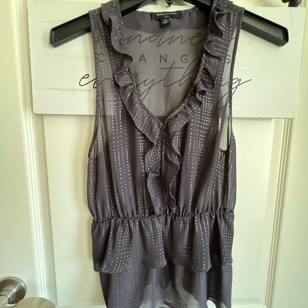 Banana Republic Charcoal Ruffled Blouse Sheer Grey Shimmer Petite Medium 8 10